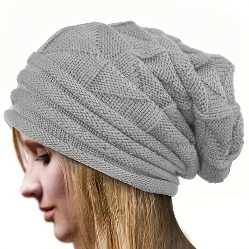 oversized slouchy beanie solid color winter knit hat elastic skull cap striped knitted warm ski hats beanies for women outdoor details 6