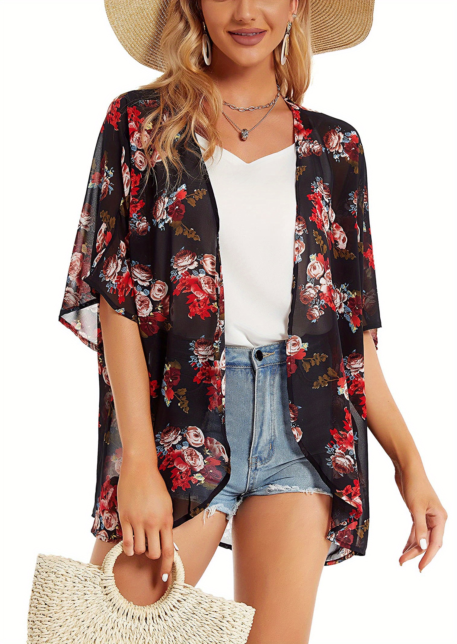 plus size casual cardigan womens plus floral print bat sleeve thin summer cardigan details 1