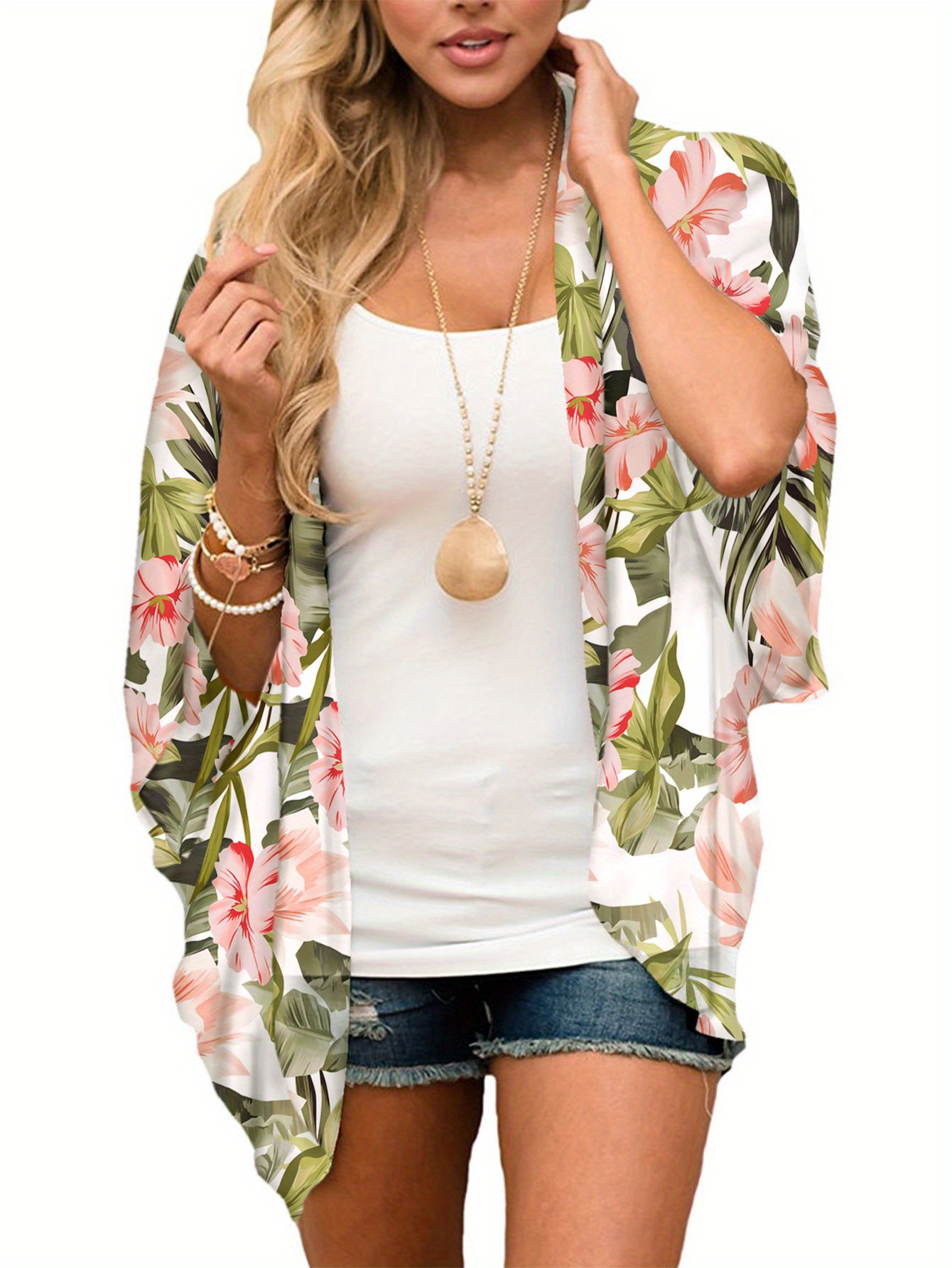 plus size casual cardigan womens plus floral print bat sleeve thin summer cardigan details 2