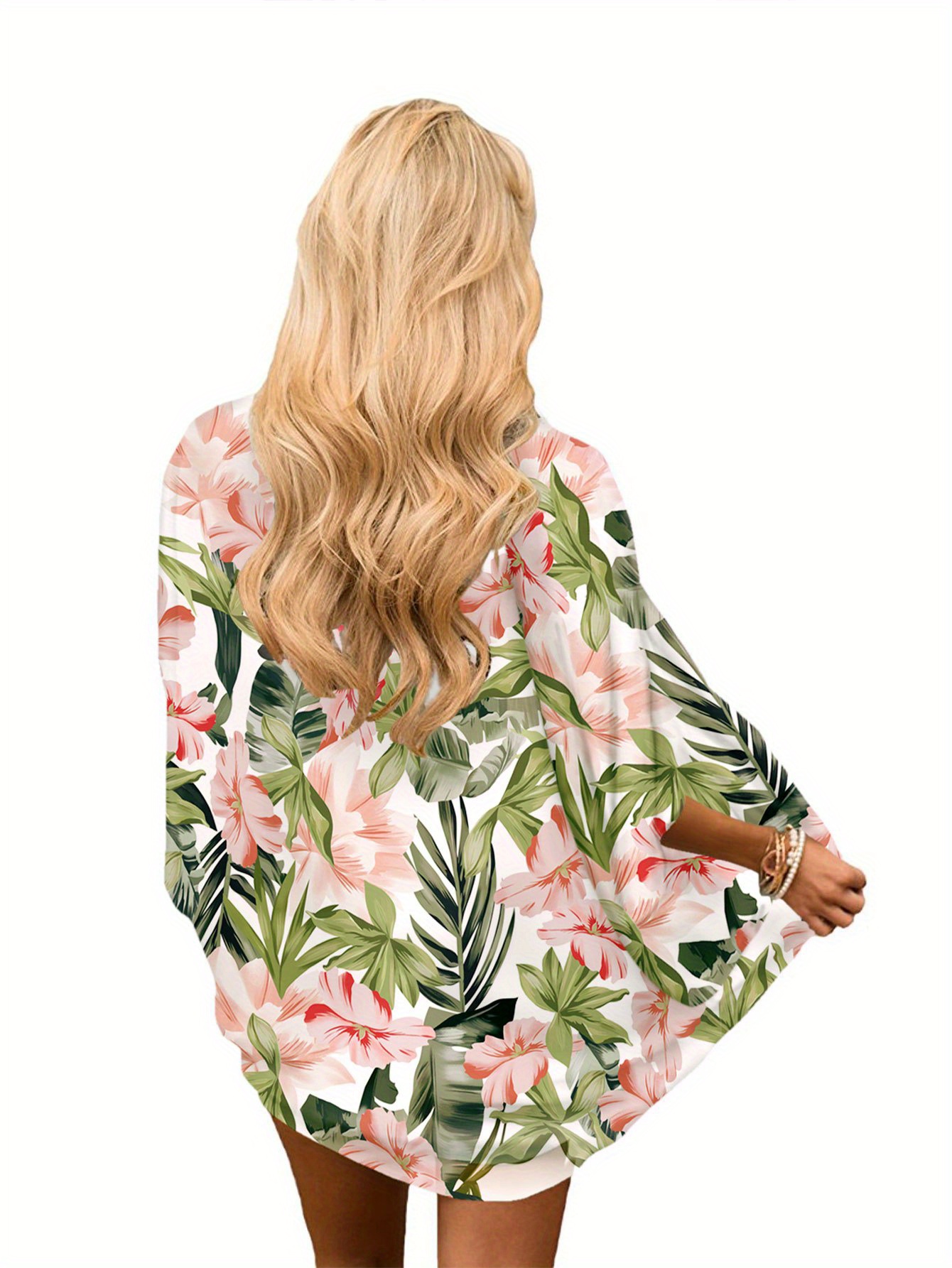 plus size casual cardigan womens plus floral print bat sleeve thin summer cardigan details 3