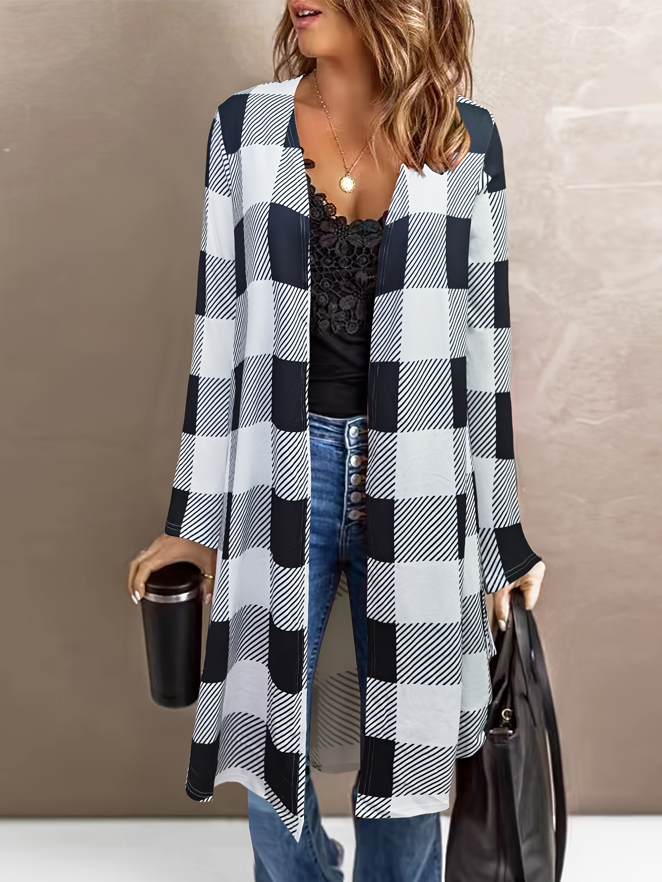 plus size casual cardigan womens plus plaid print long sleeve open front slight stretch cardigan details 0