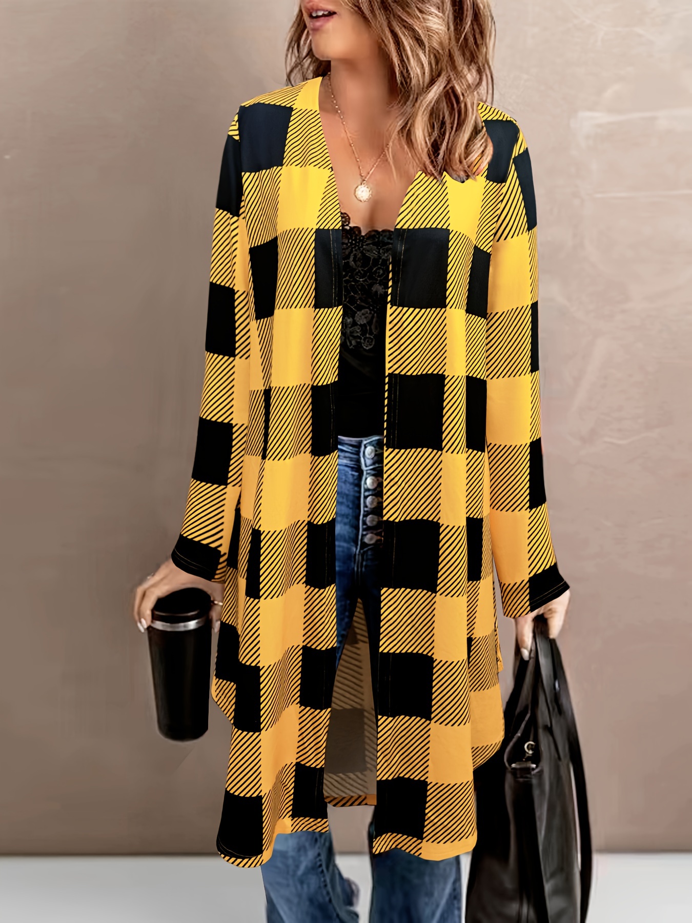 plus size casual cardigan womens plus plaid print long sleeve open front slight stretch cardigan details 3