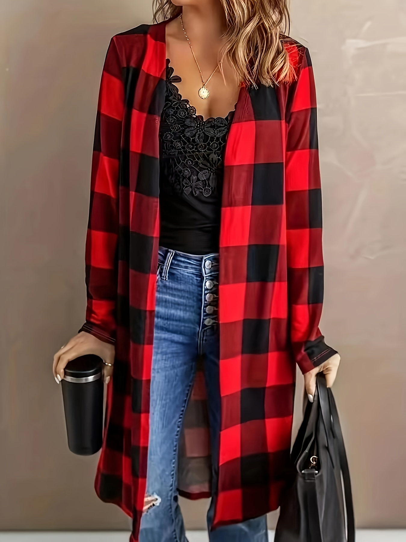 plus size casual cardigan womens plus plaid print long sleeve open front slight stretch cardigan details 7