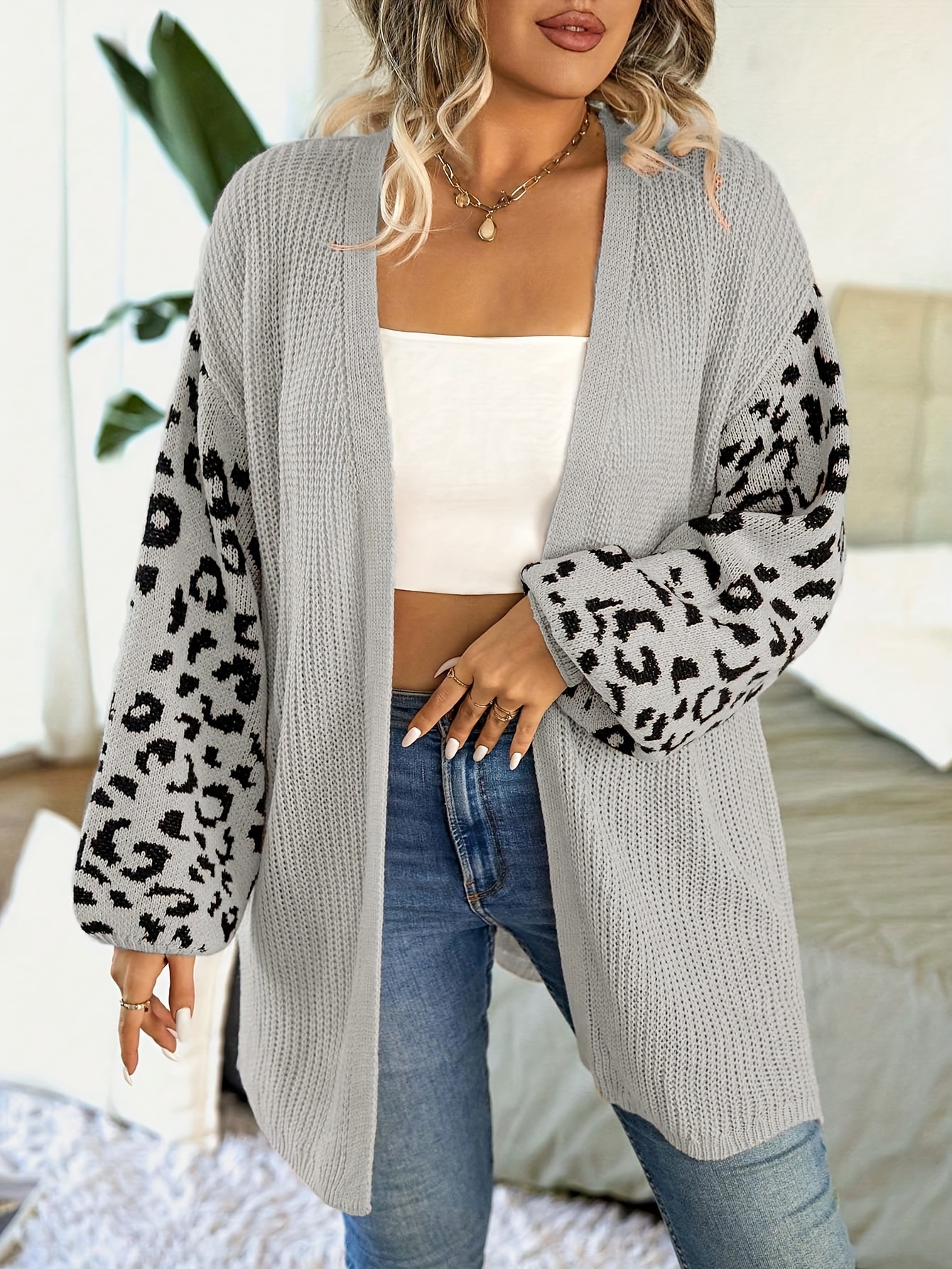 plus size casual cardigan womens plus colorblock leopard print lantern sleeve open front slight stretch cardigan details 3