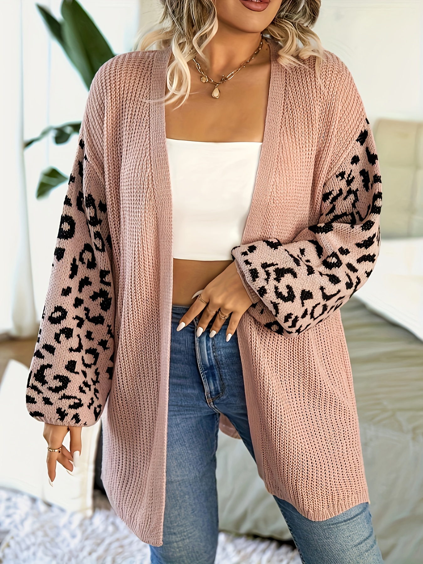 plus size casual cardigan womens plus colorblock leopard print lantern sleeve open front slight stretch cardigan details 10