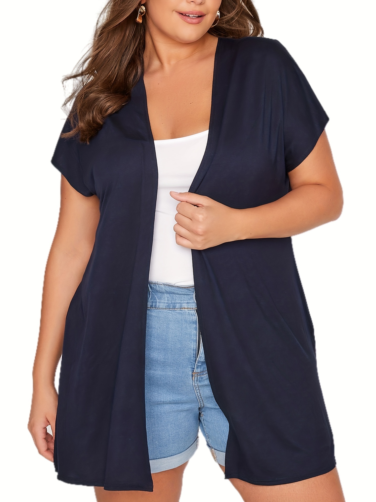 size casual cardigan-plus size casual cardigan womens plus solid cap sleeve open front high stretch cardigan details 6