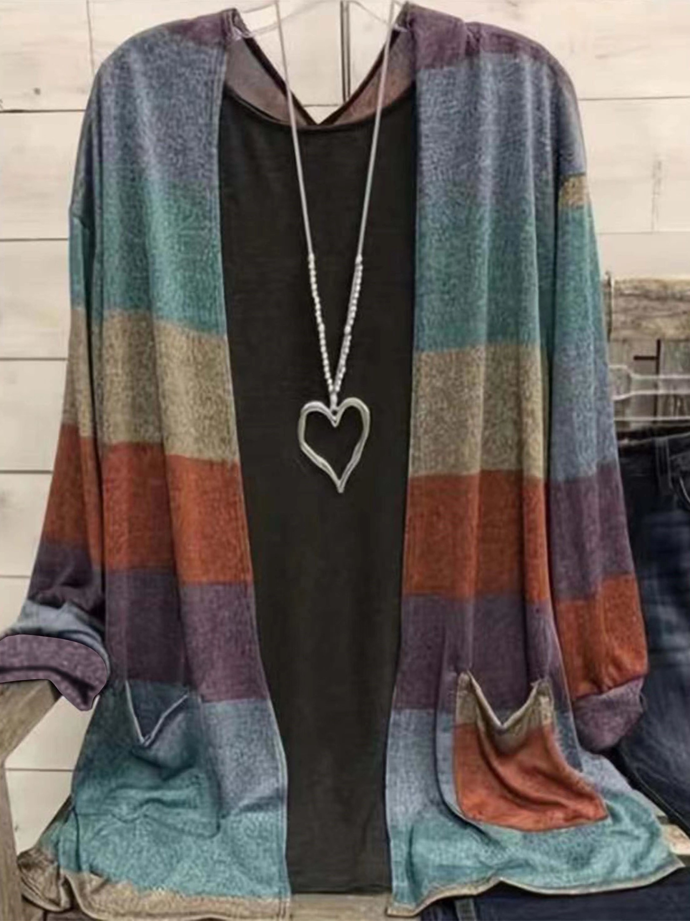 plus size casual cardigan womens plus colorblock long sleeve open front cardigan with pockets details 0