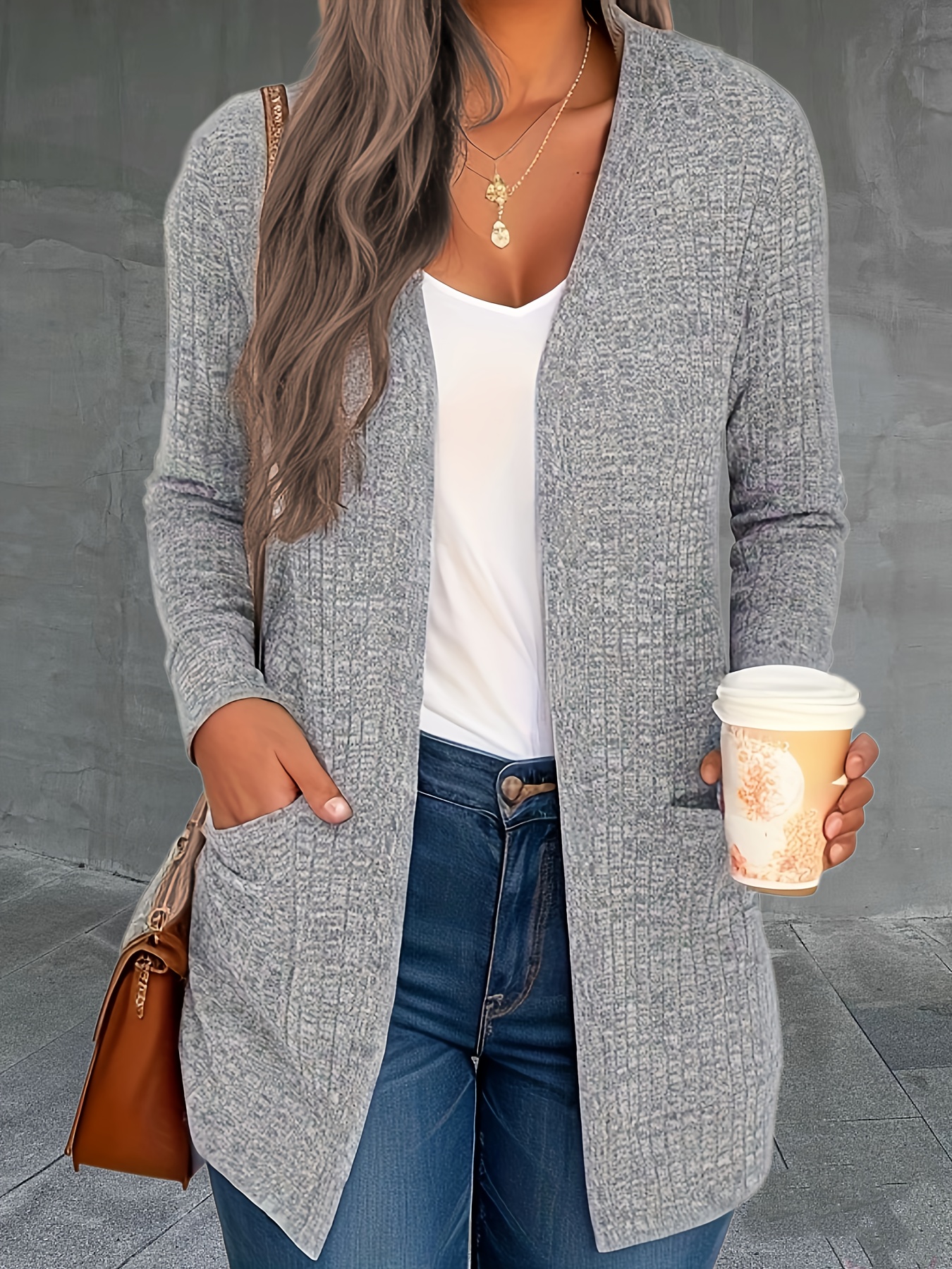 plus size basic cardigan womens plus solid long sleeve open front cardigan with pockets details 0