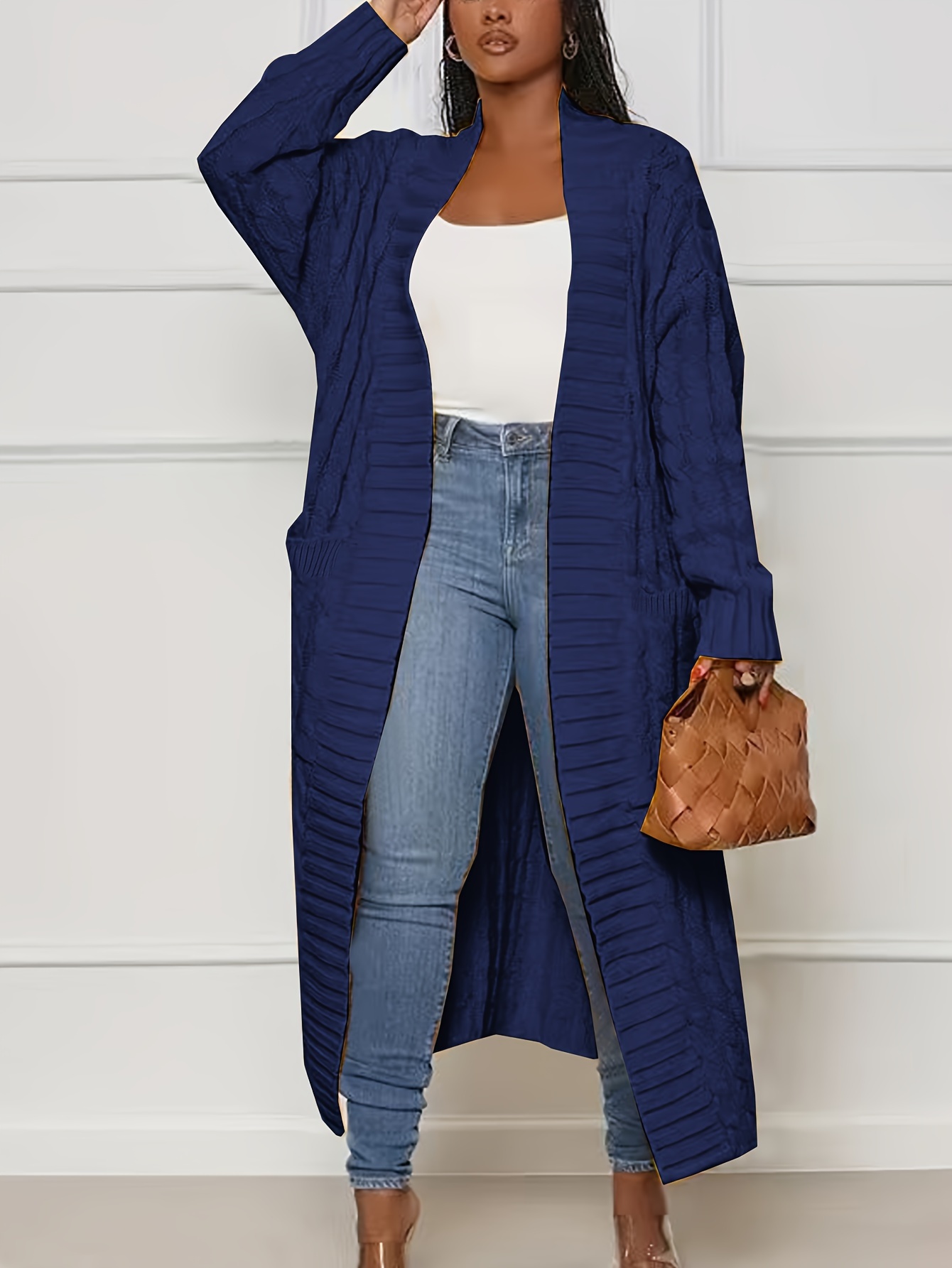 plus size casual cardigan womens plus cable knitted long sleeve open front medium stretch sweater cardigan with pockets details 12