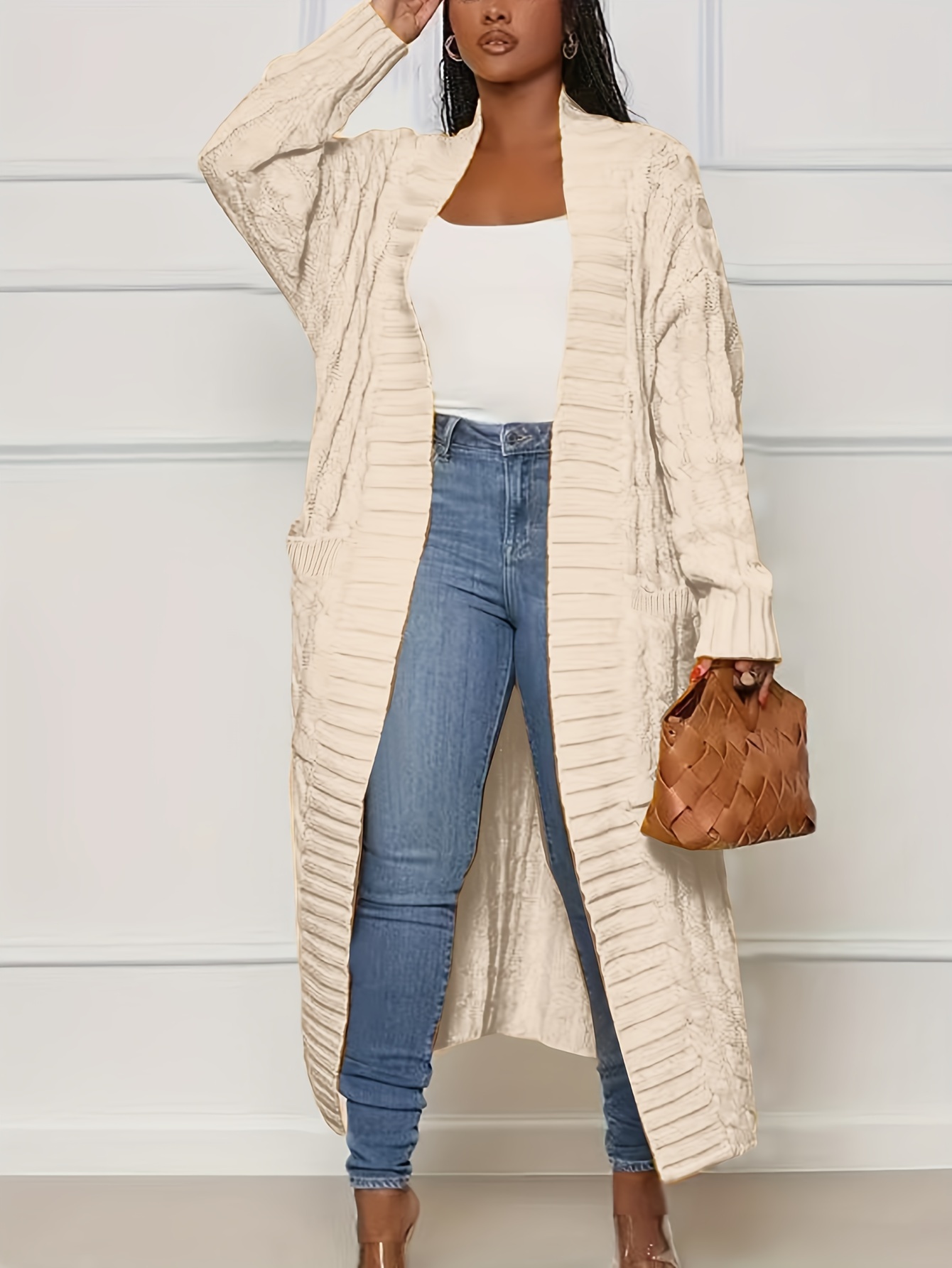 plus size casual cardigan womens plus cable knitted long sleeve open front medium stretch sweater cardigan with pockets details 18