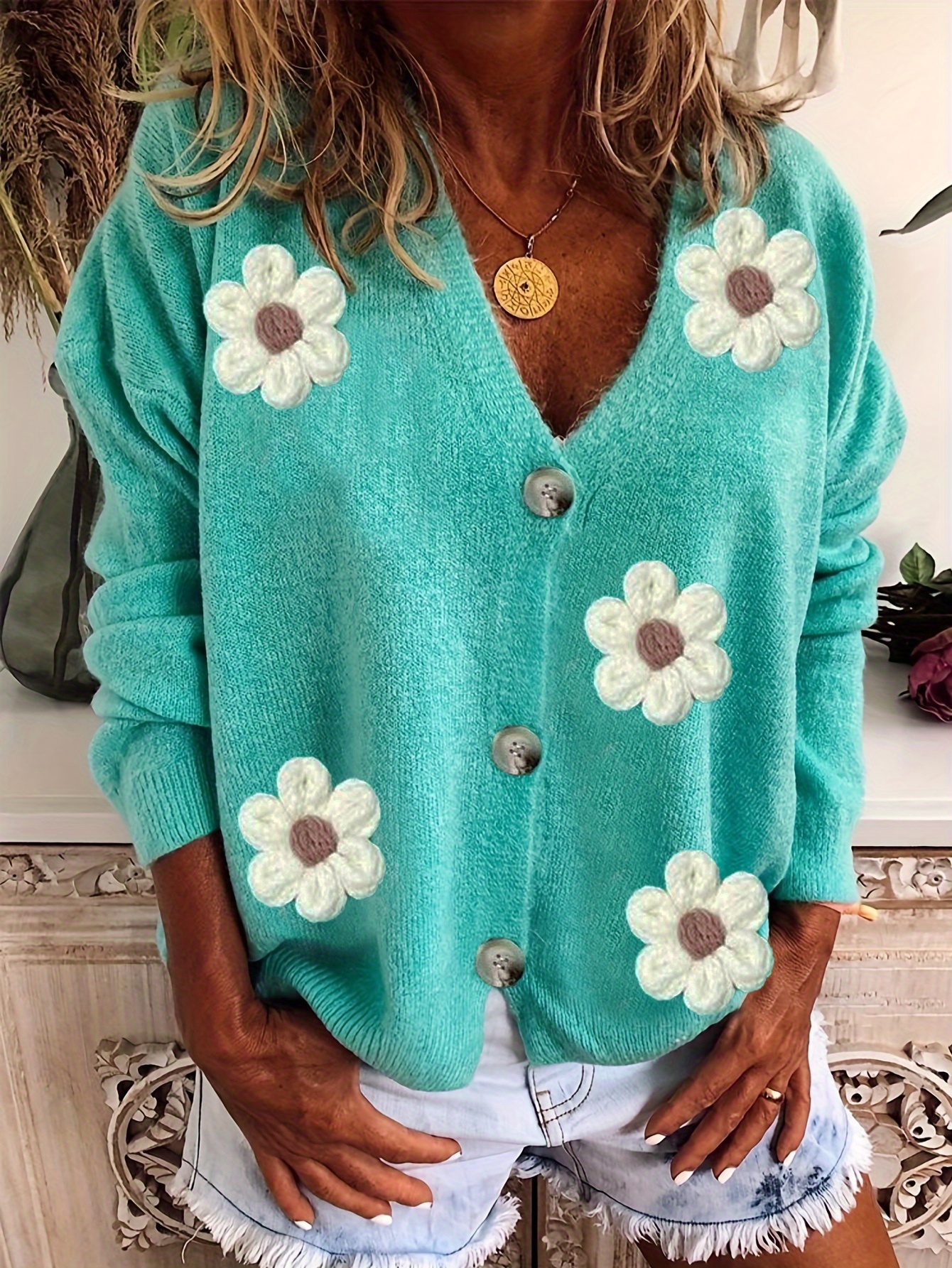 plus size casual cardigan womens plus floral patch button decor long sleeve v neck cardigan details 0