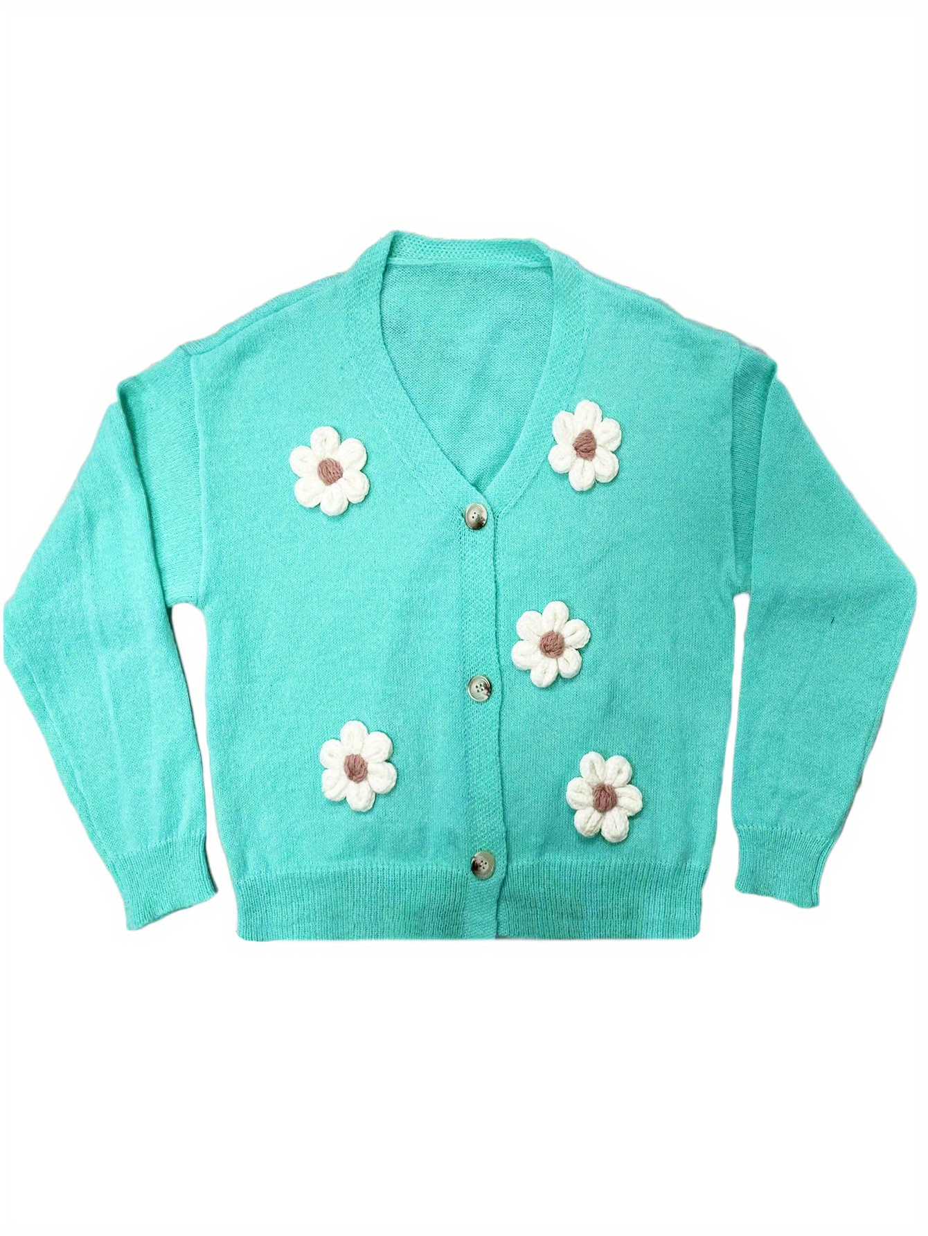 plus size casual cardigan womens plus floral patch button decor long sleeve v neck cardigan details 1