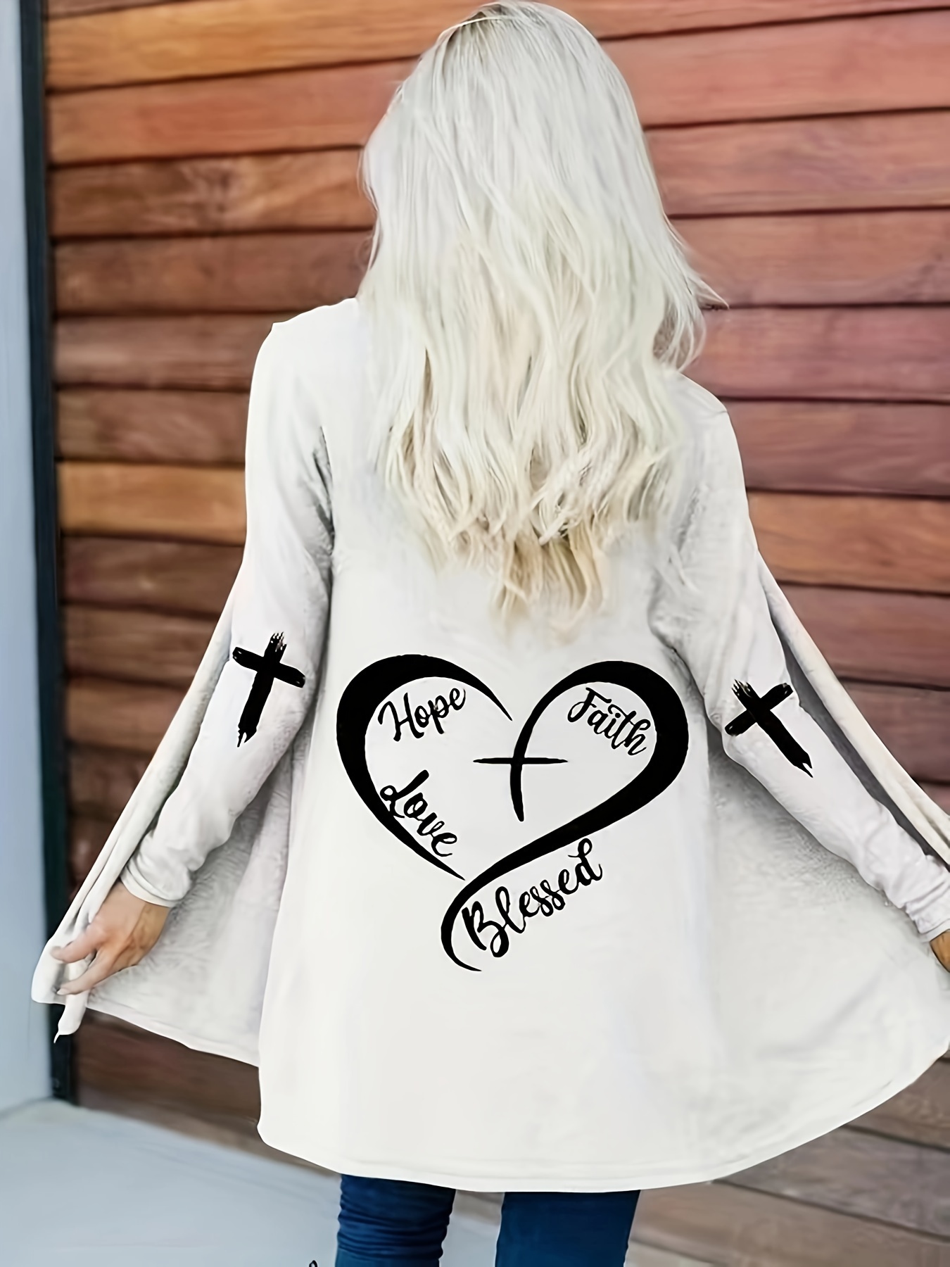 plus size casual cardigan womens plus heart letter print long sleeve open front cardigan details 0