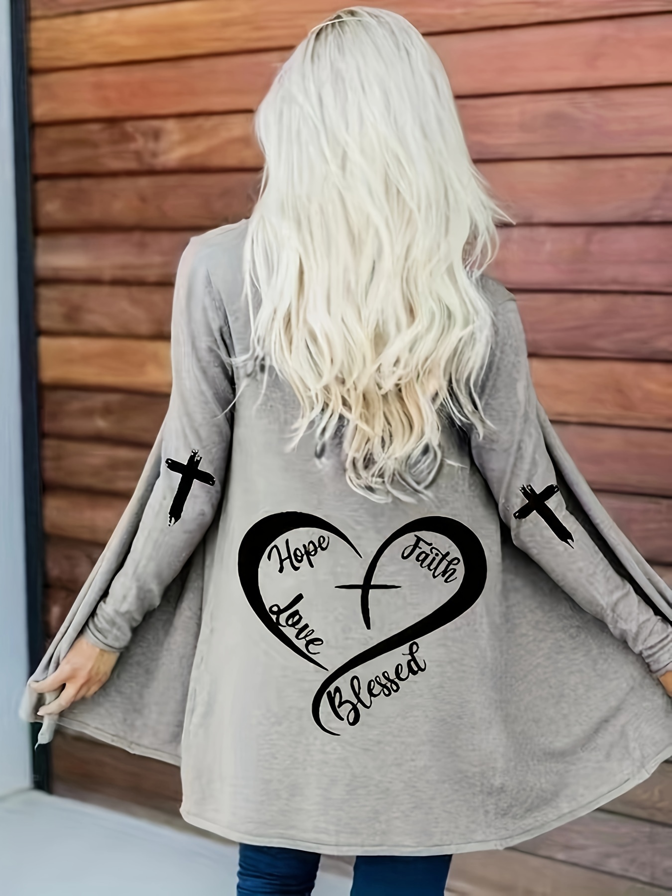 plus size casual cardigan womens plus heart letter print long sleeve open front cardigan details 3