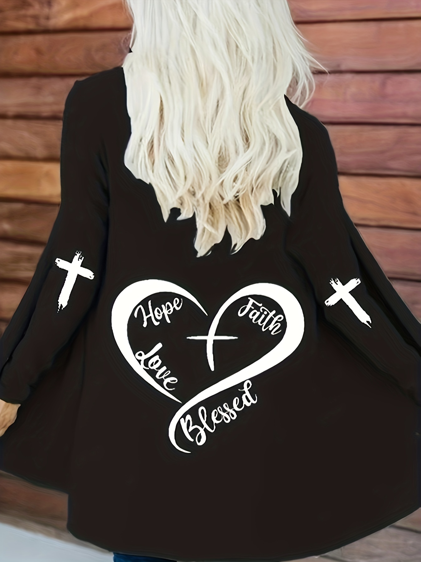 plus size casual cardigan womens plus heart letter print long sleeve open front cardigan details 10