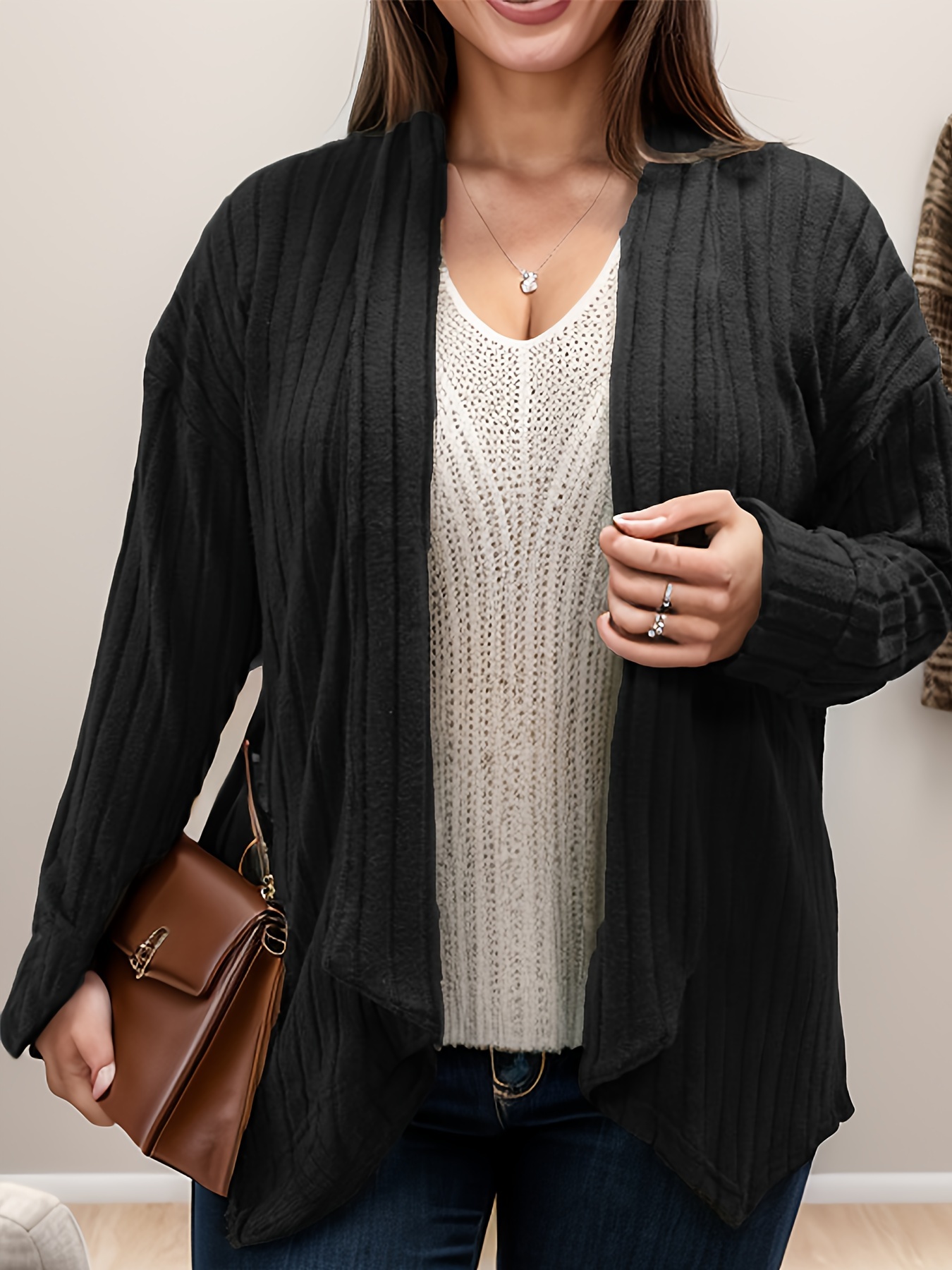 plus size casual cardigan womens plus solid ribbed long sleeve open front slight stretch cardigan details 0