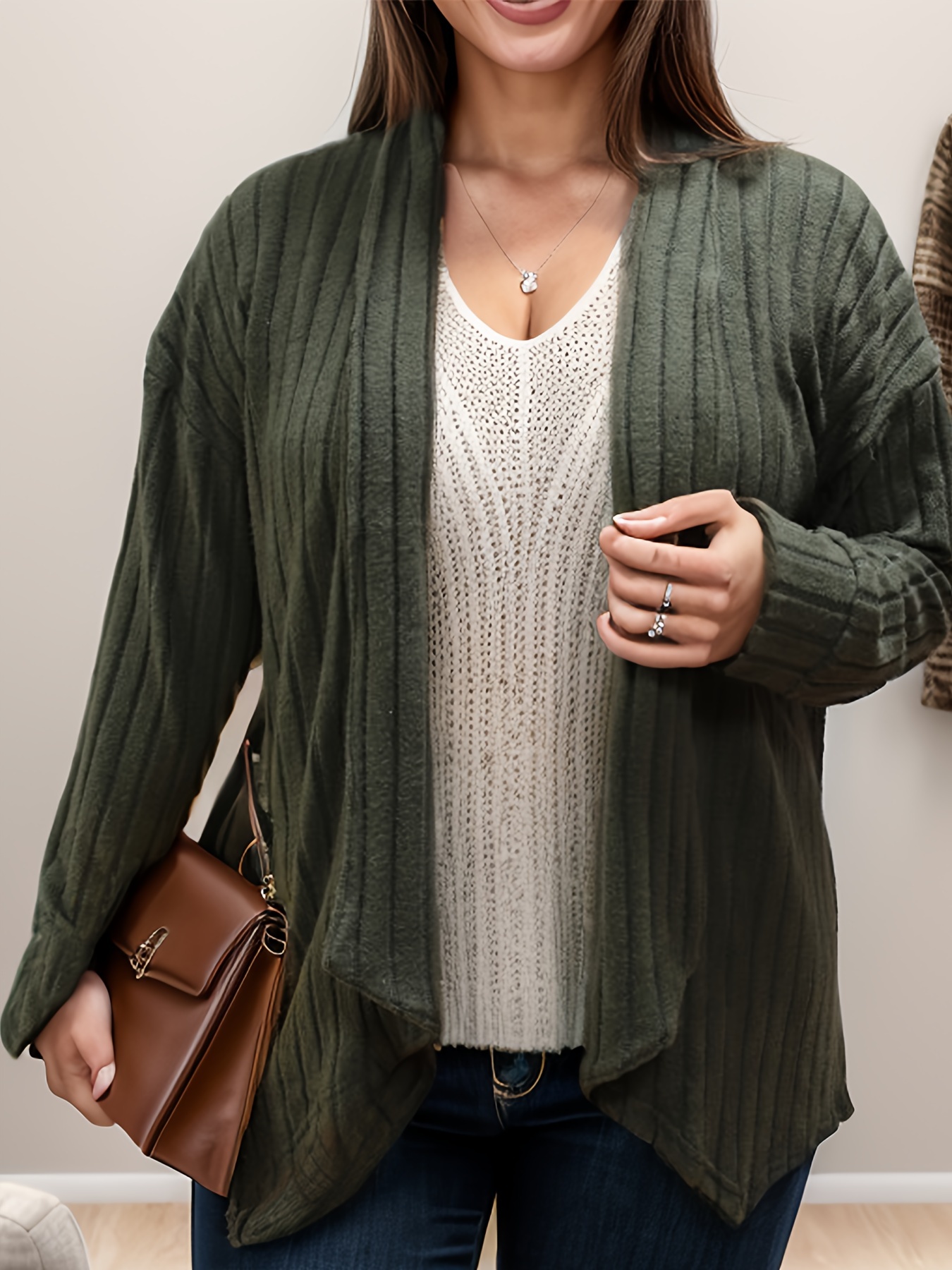 plus size casual cardigan womens plus solid ribbed long sleeve open front slight stretch cardigan details 15