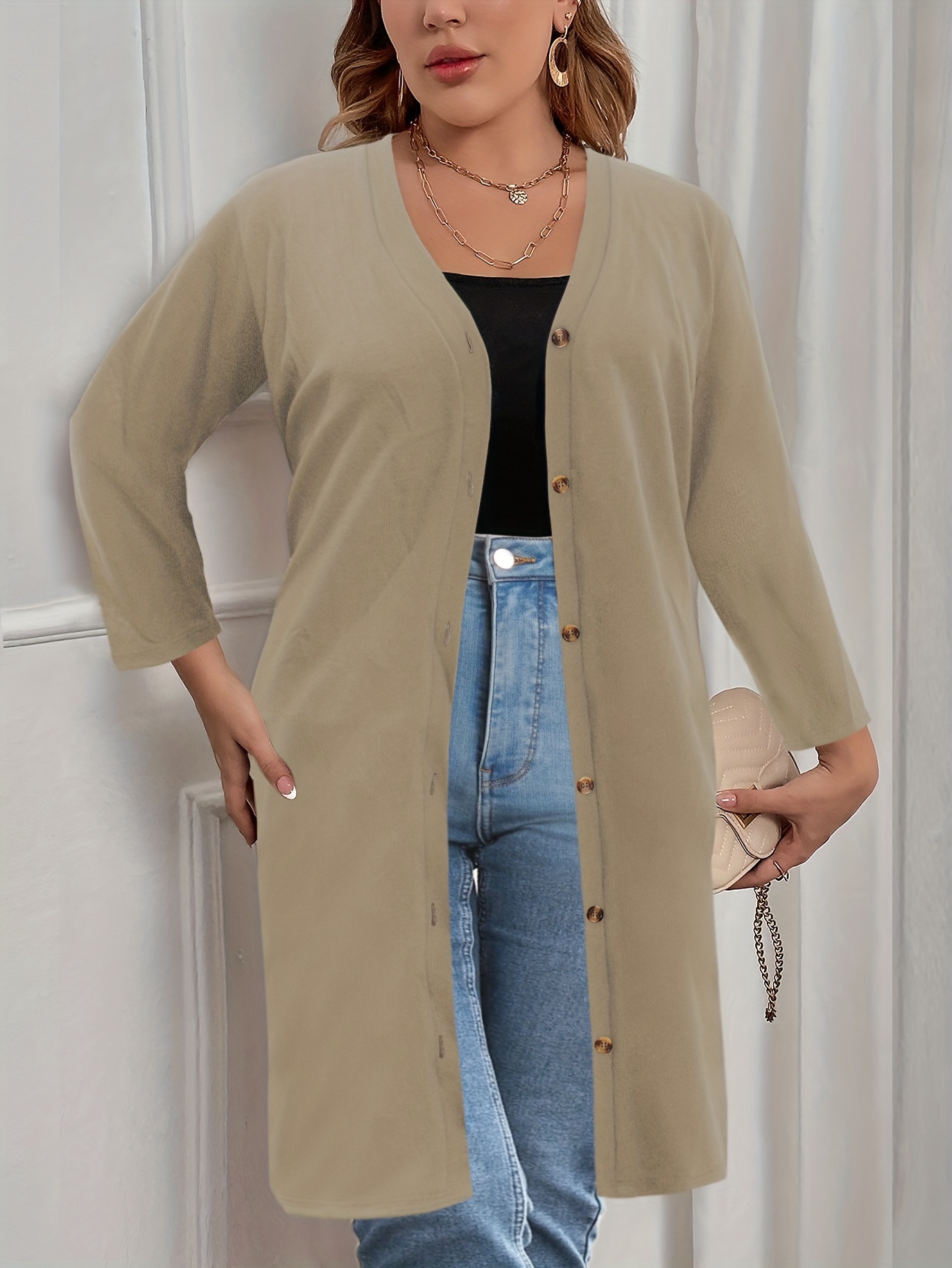 plus size casual cardigan womens plus solid long sleeve button up slight stretch cardigan details 2