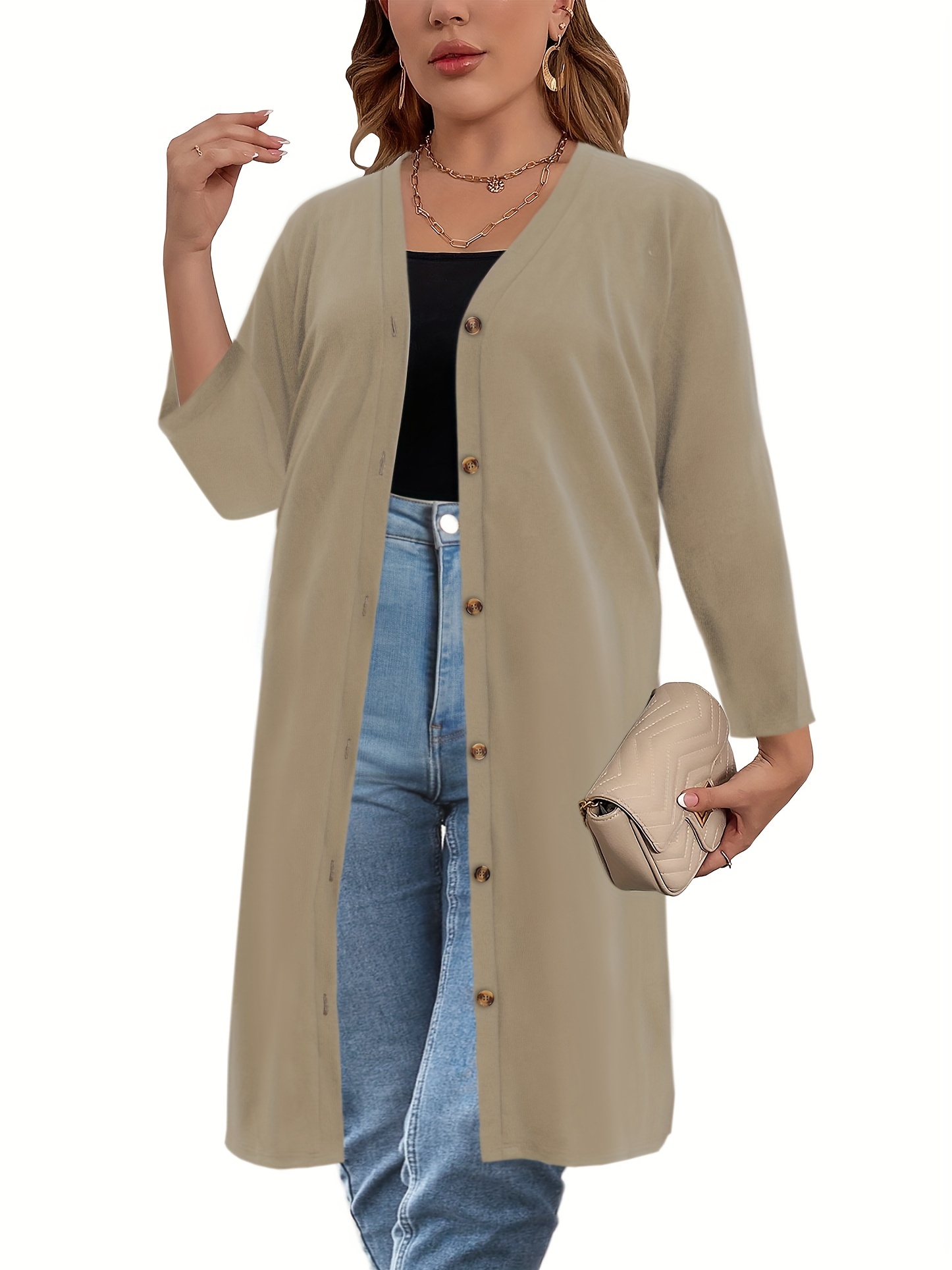 plus size casual cardigan womens plus solid long sleeve button up slight stretch cardigan details 3