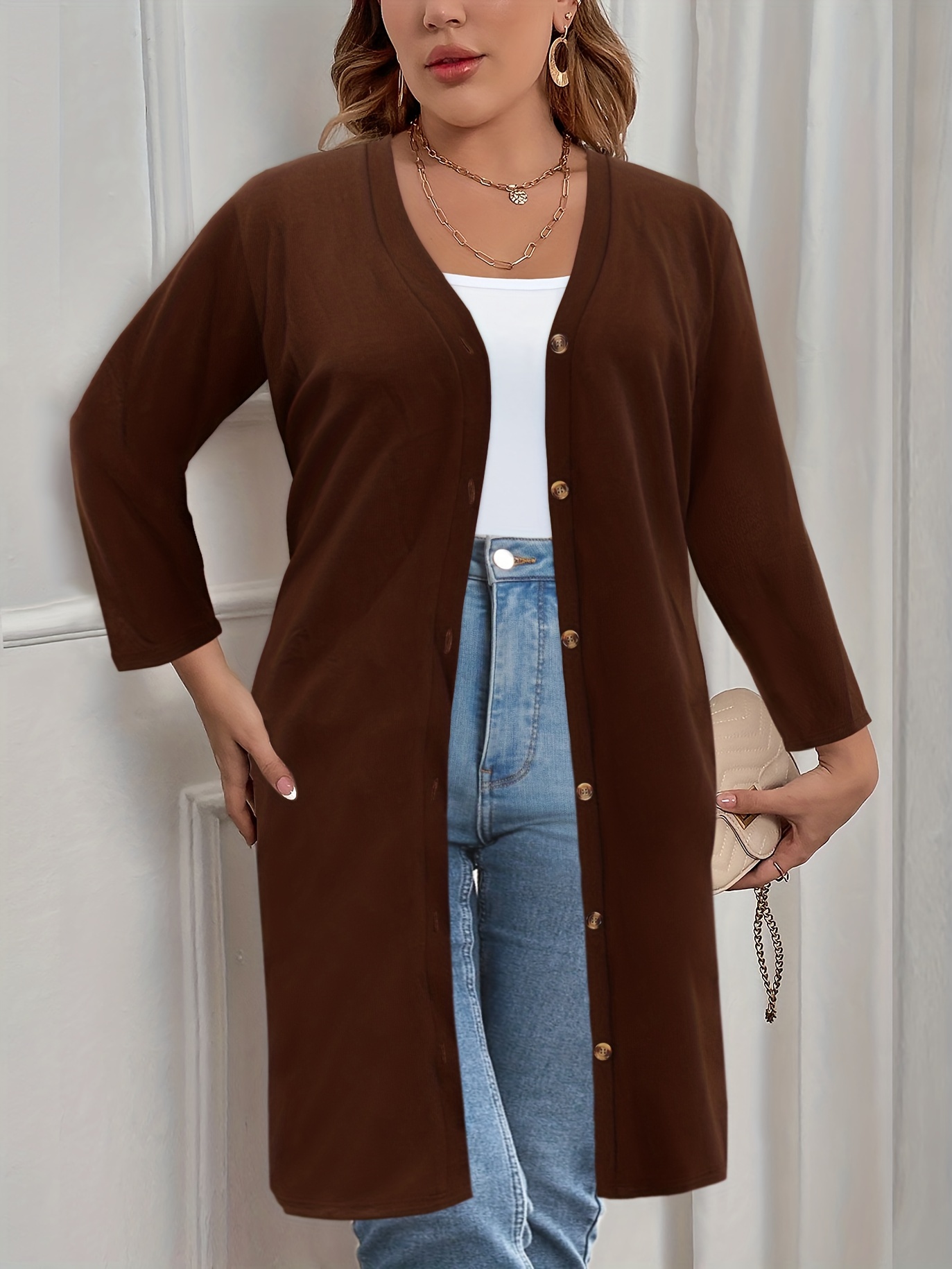 plus size casual cardigan womens plus solid long sleeve button up slight stretch cardigan details 6