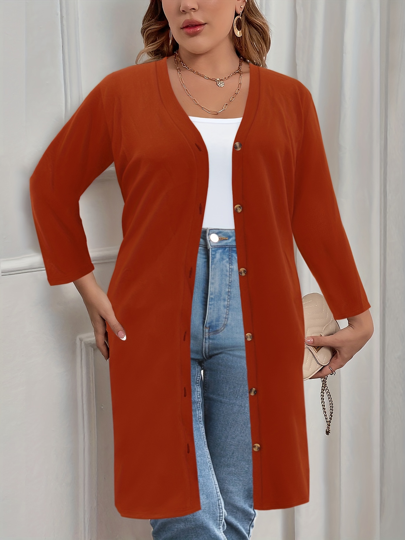 plus size casual cardigan womens plus solid long sleeve button up slight stretch cardigan details 11