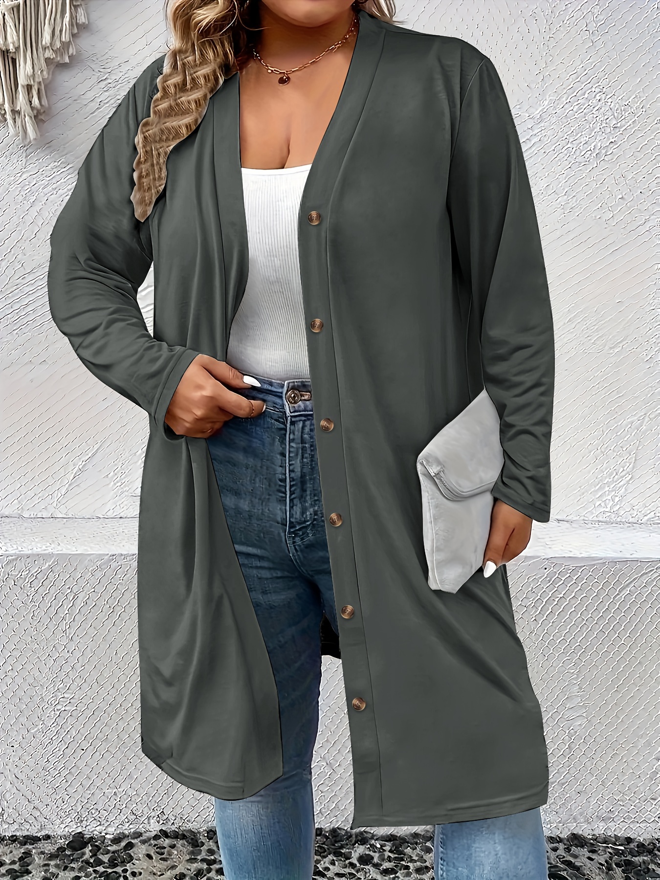 plus size casual cardigan womens plus solid long sleeve button up slight stretch cardigan details 15