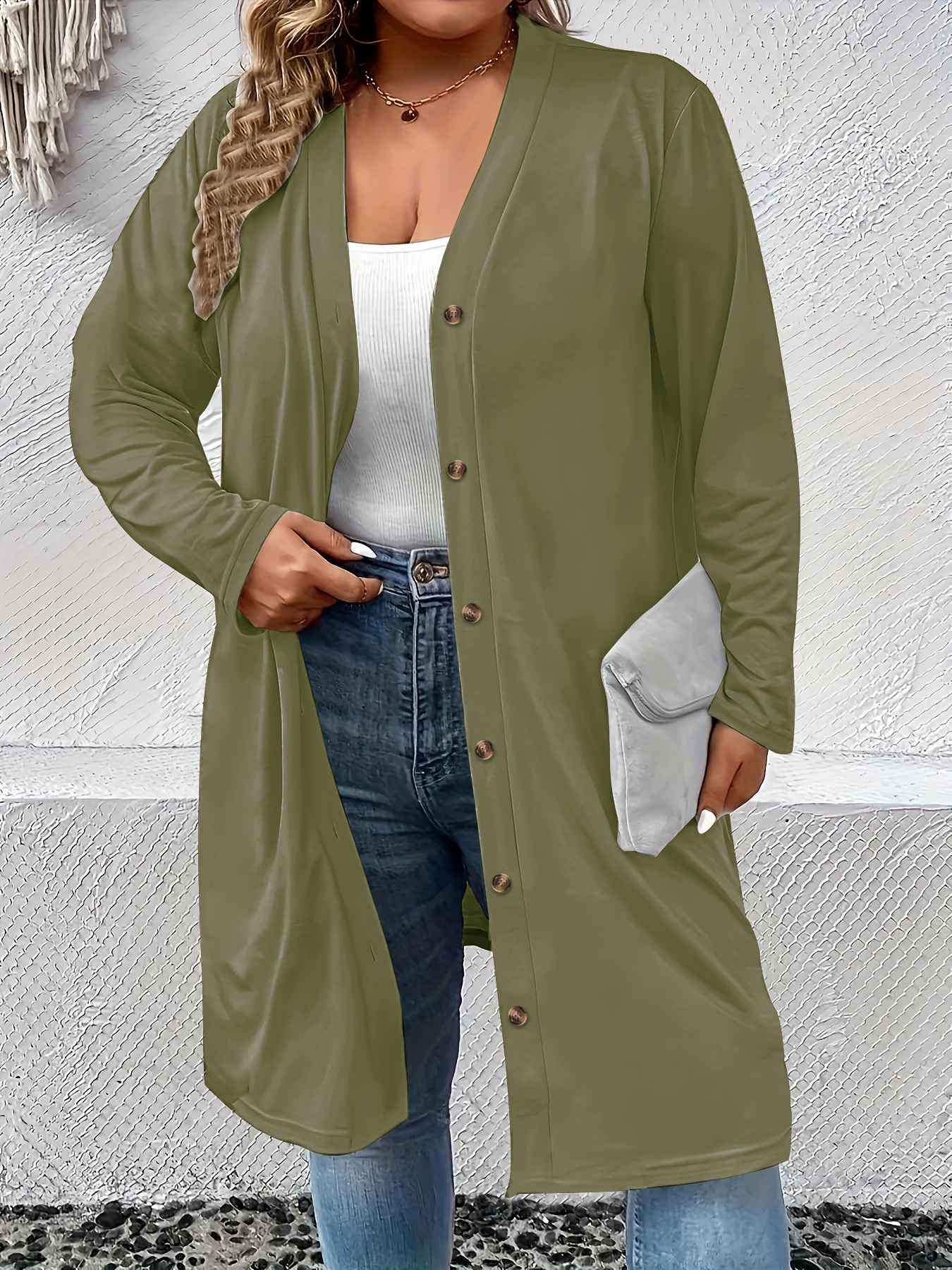 plus size casual cardigan womens plus solid long sleeve button up slight stretch cardigan details 20