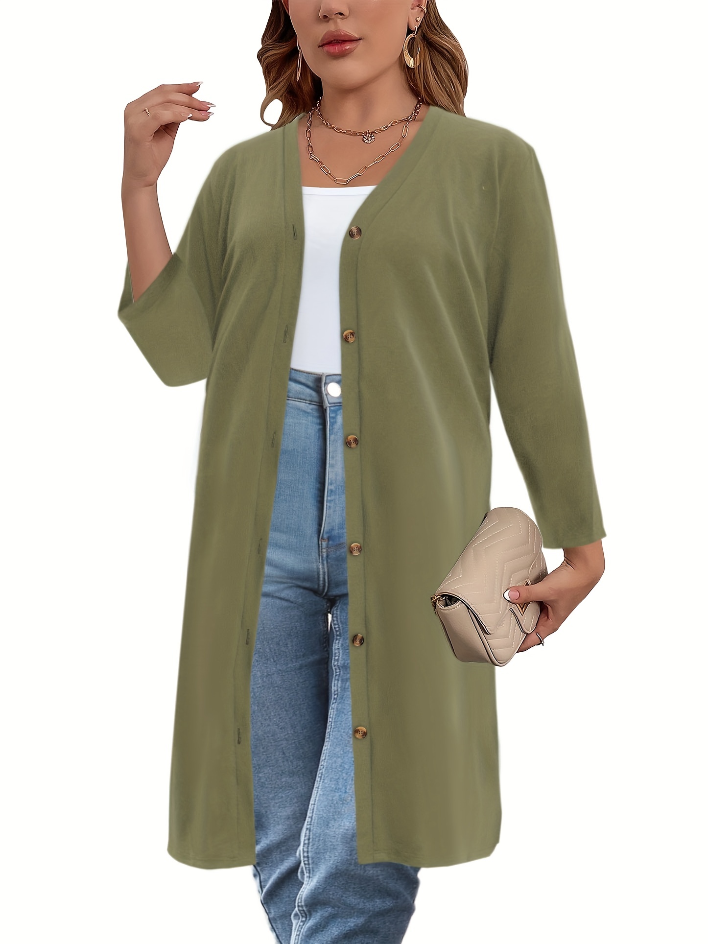 plus size casual cardigan womens plus solid long sleeve button up slight stretch cardigan details 23