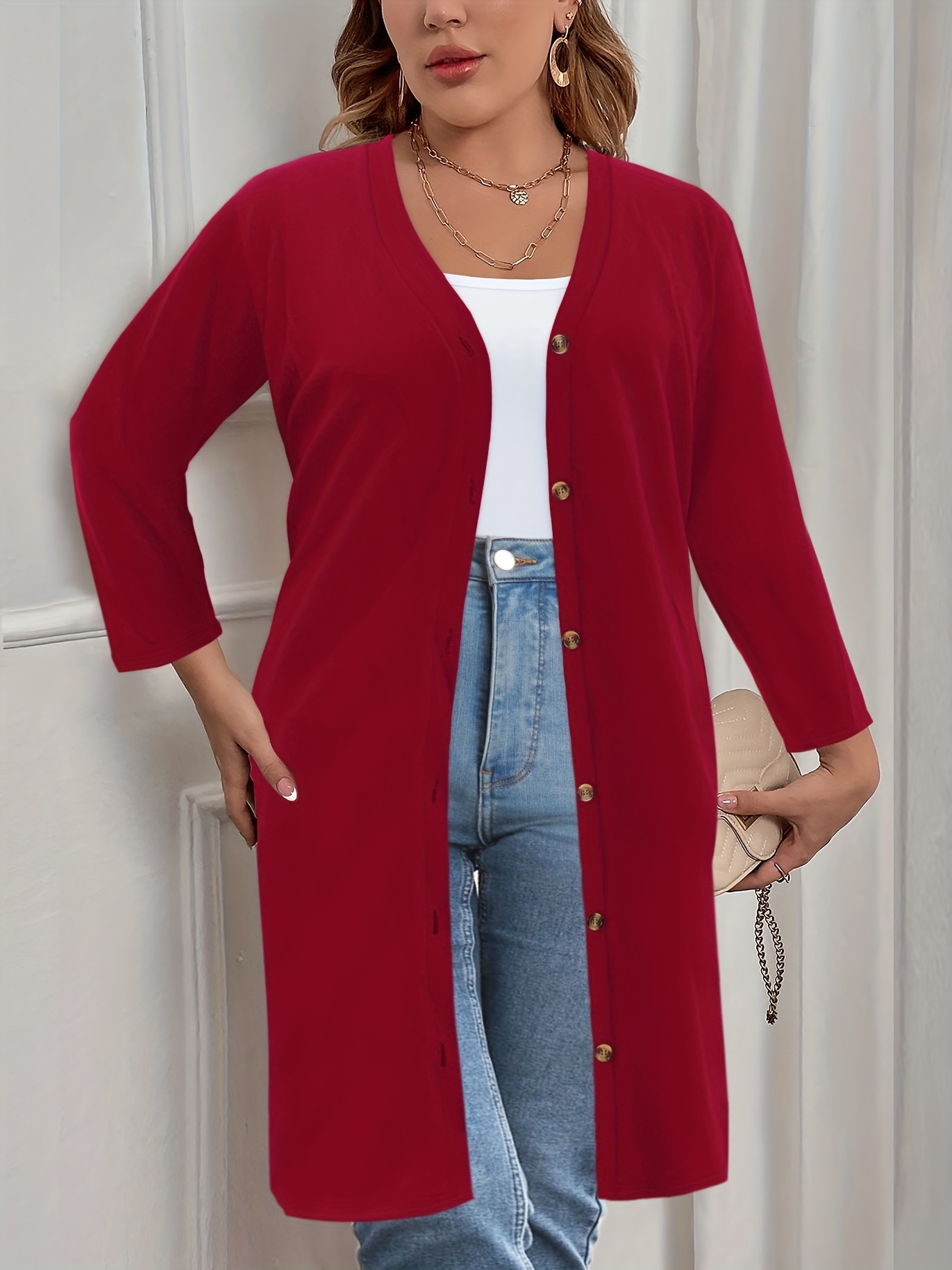 plus size casual cardigan womens plus solid long sleeve button up slight stretch cardigan details 26