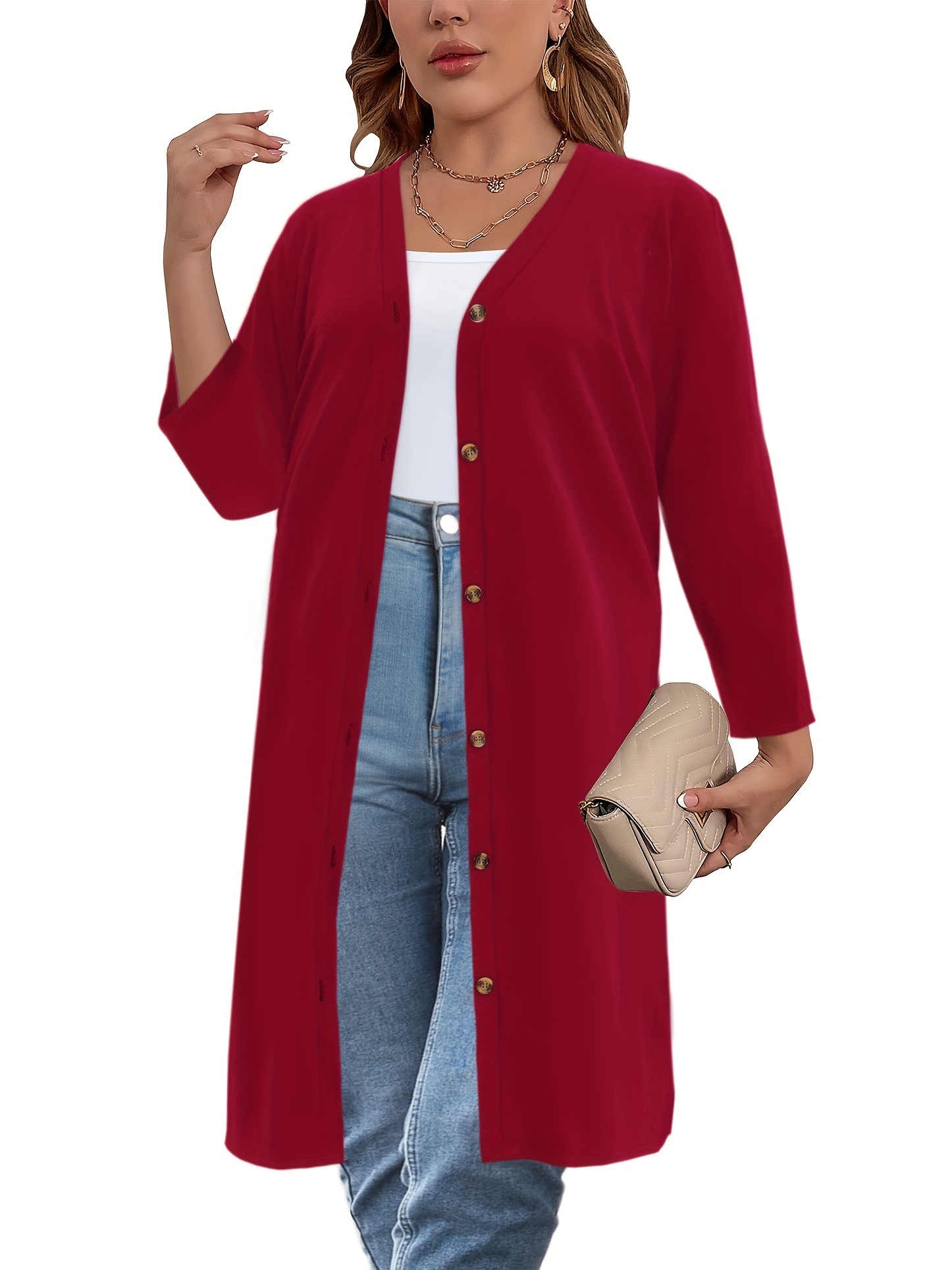 plus size casual cardigan womens plus solid long sleeve button up slight stretch cardigan details 28