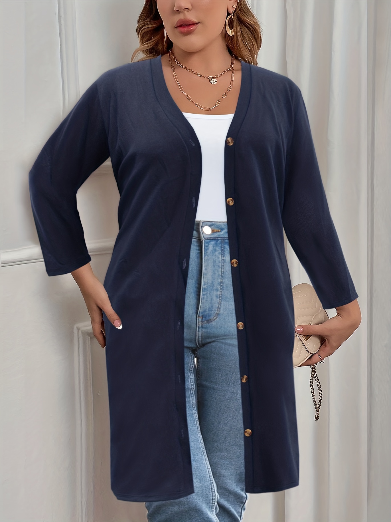 plus size casual cardigan womens plus solid long sleeve button up slight stretch cardigan details 31