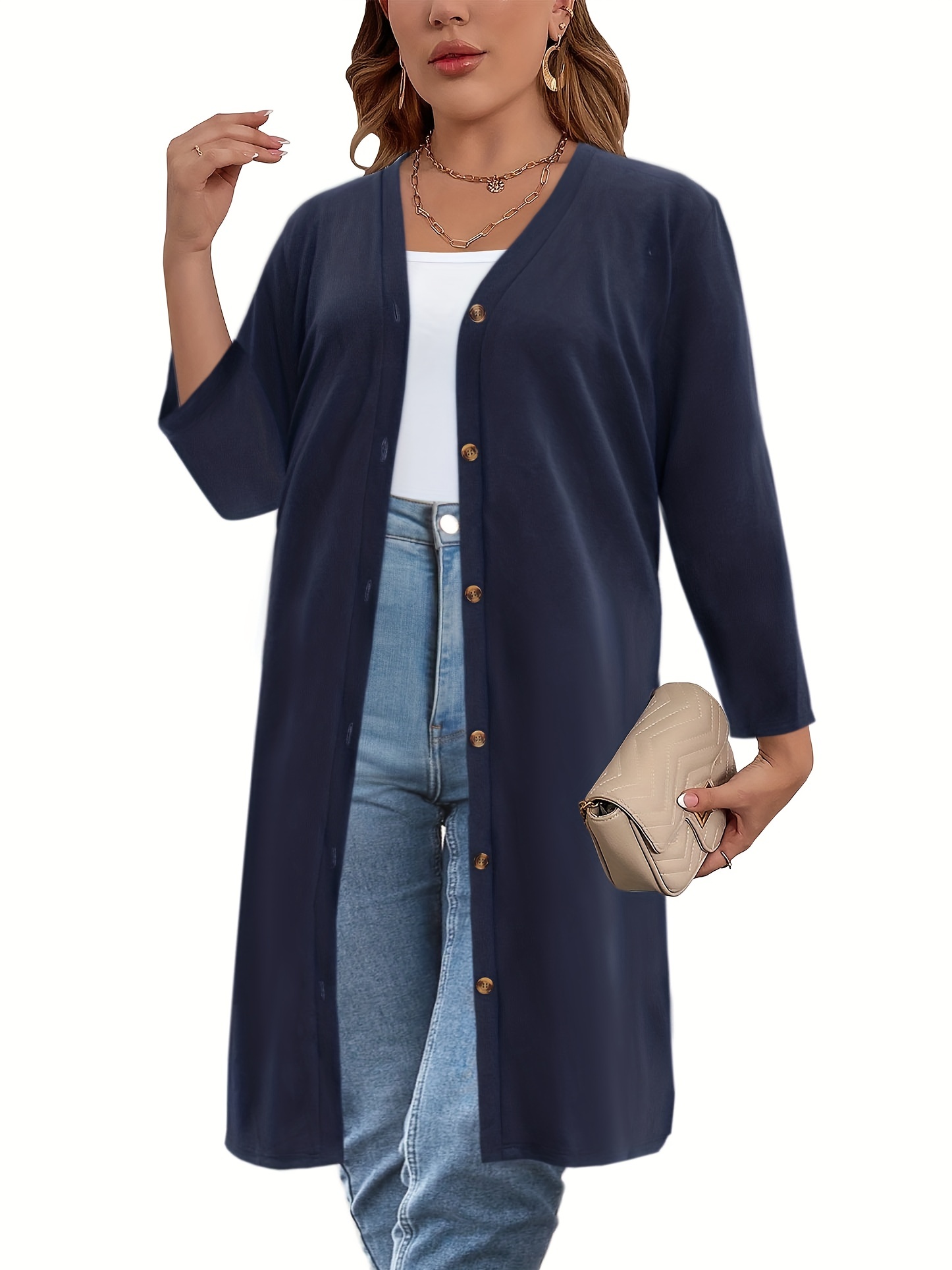 plus size casual cardigan womens plus solid long sleeve button up slight stretch cardigan details 33