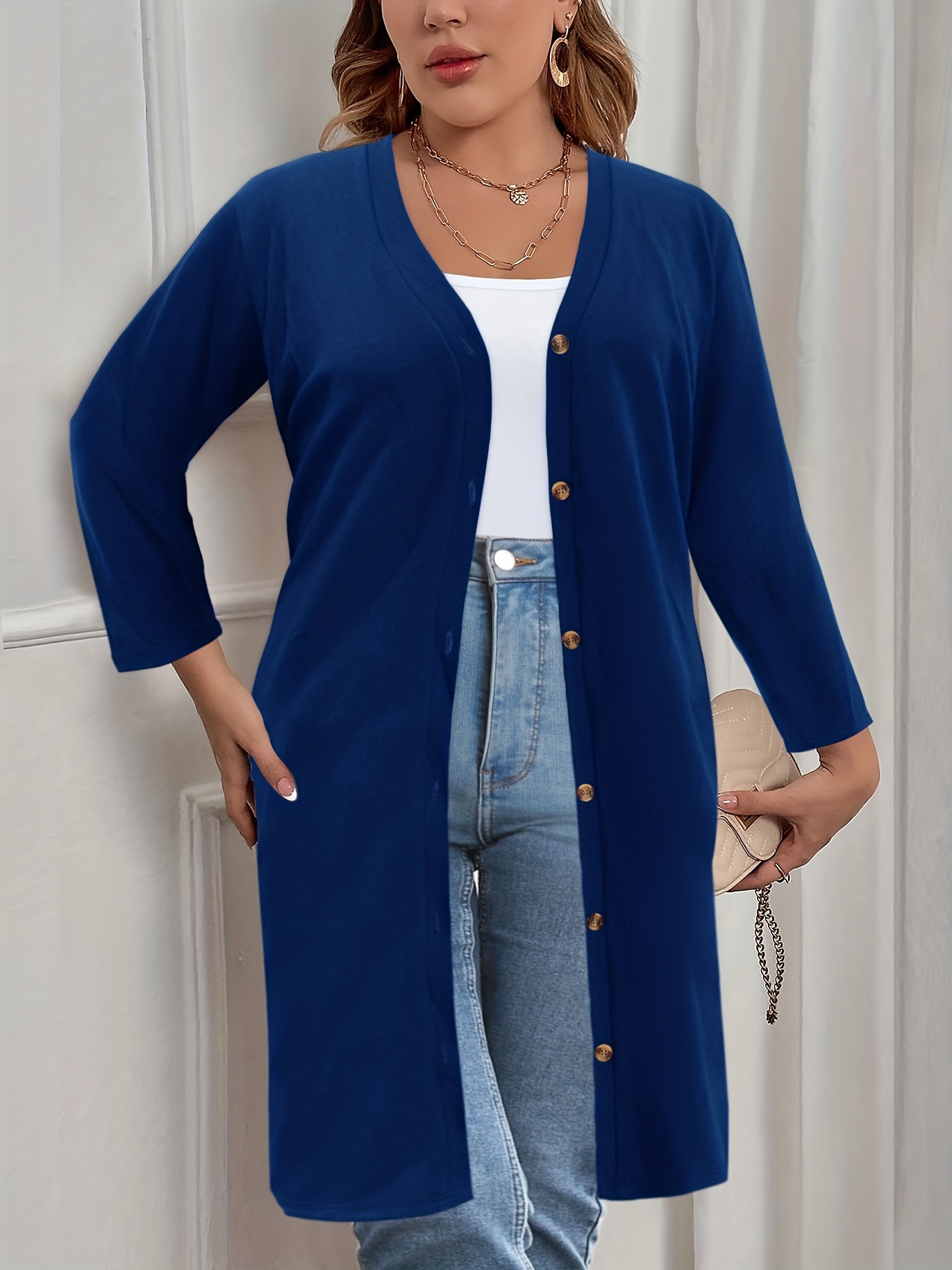 plus size casual cardigan womens plus solid long sleeve button up slight stretch cardigan details 36