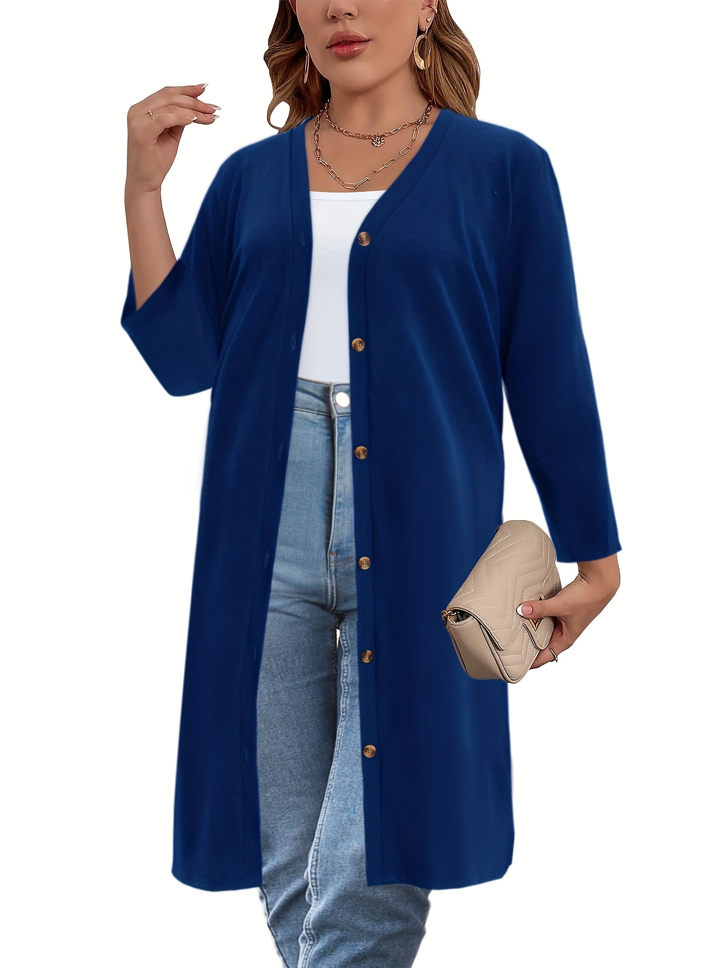 plus size casual cardigan womens plus solid long sleeve button up slight stretch cardigan details 38