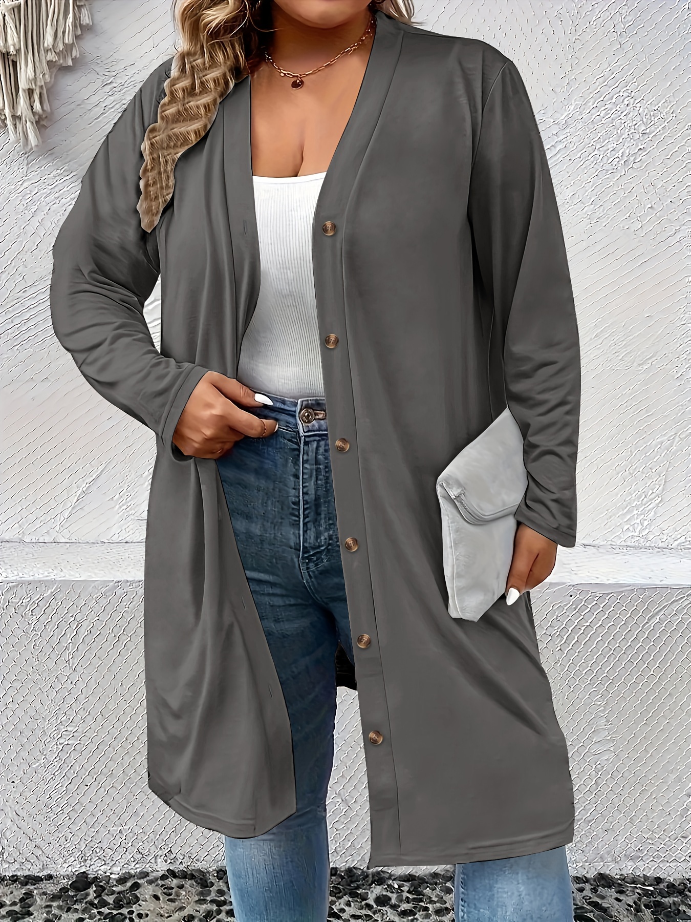 plus size casual cardigan womens plus solid long sleeve button up slight stretch cardigan details 39