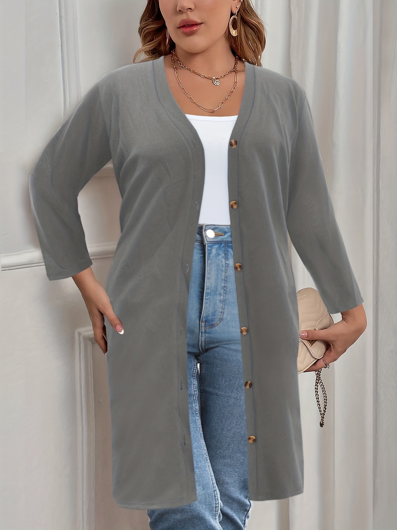 plus size casual cardigan womens plus solid long sleeve button up slight stretch cardigan details 40