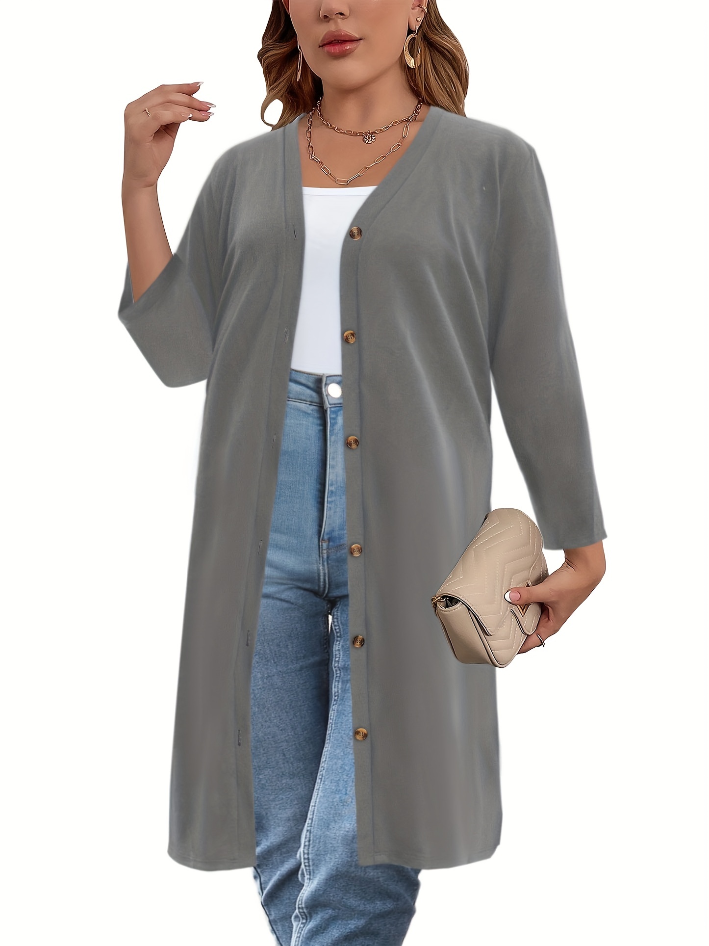 plus size casual cardigan womens plus solid long sleeve button up slight stretch cardigan details 42