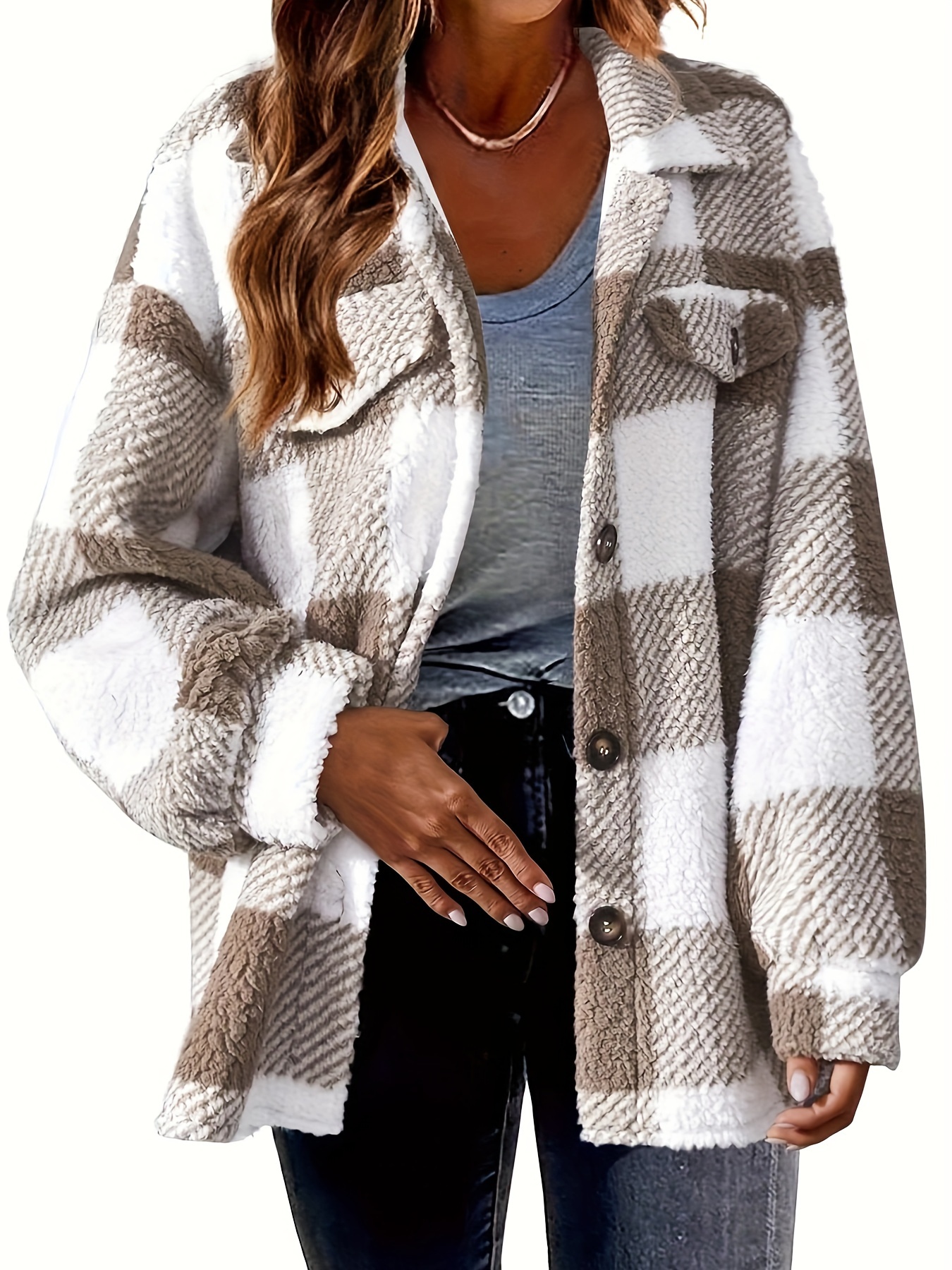 size casual coat-plus size casual coat womens plus gingham print button up long sleeve turn down collar fleece shacket details 0