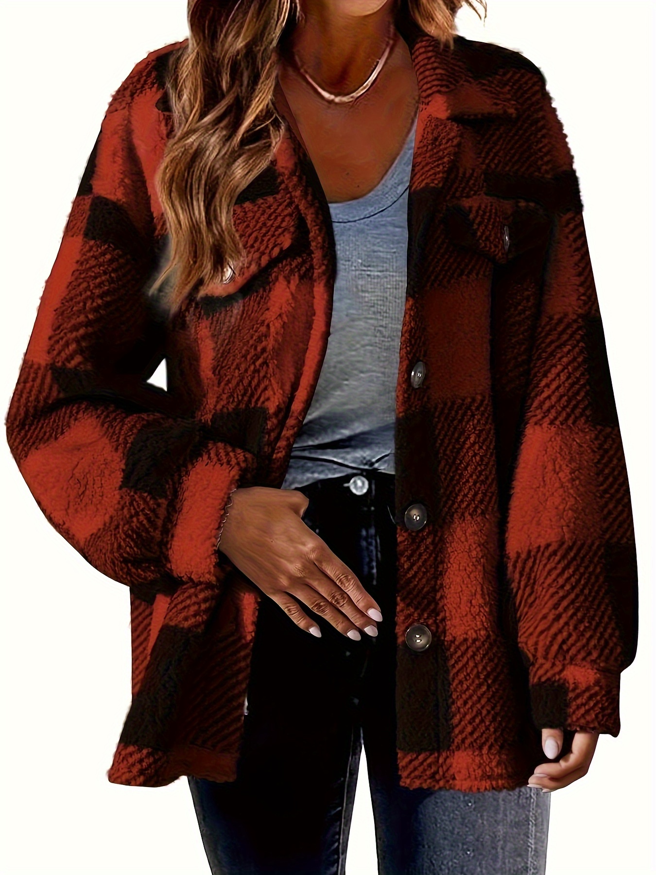 size casual coat-plus size casual coat womens plus gingham print button up long sleeve turn down collar fleece shacket details 3