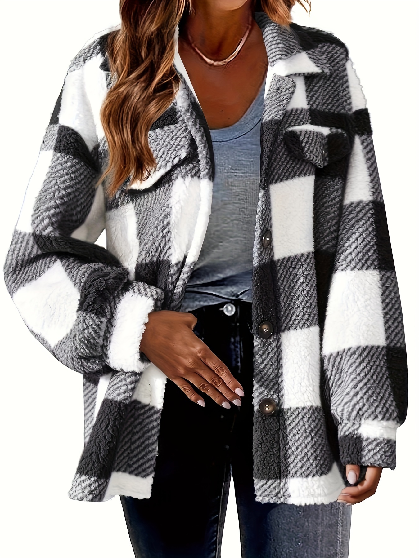 size casual coat-plus size casual coat womens plus gingham print button up long sleeve turn down collar fleece shacket details 6