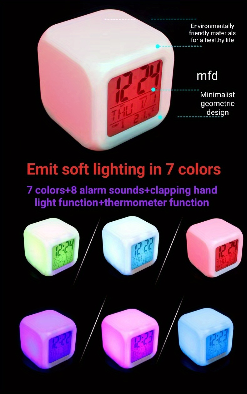 led luminous colorful color changing electronic alarm clock square clock excluding batteries details 0