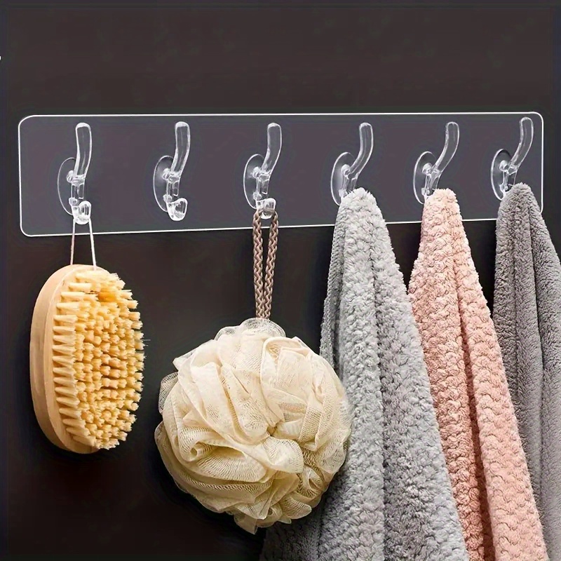 1pc clear acrylic storage rack with 6 hooks waterproof adhesive hooks nailless wall hanging hooks bathroom towel hooks household storage organizer for kitchen bedroom bathroom office desk details 0