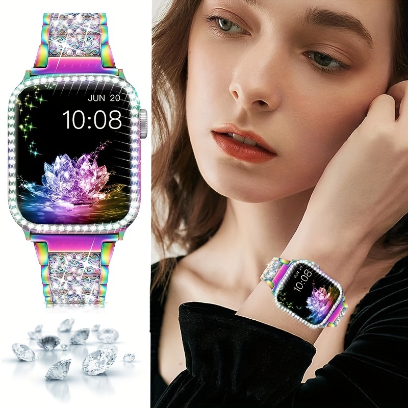 compatible with iwatch band 40mm 41mm 44mm 45mm 49mm with case shiny rhinestone metal watch band with rhinestone case case for iwatch series 9 8 se 7 6 5 4 3 2 1 details 1